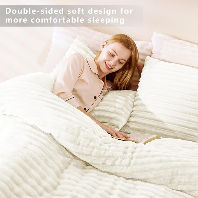 CozyLux Fluffy King Size Comforter Set - Super Soft Faux Fur Cream White Comforter King Size, Winter Warm Fleece Bedding Set, 3 Pieces Plush Fuzzy Bed Set (1 Shaggy Comforter, 2 Pillowcases)