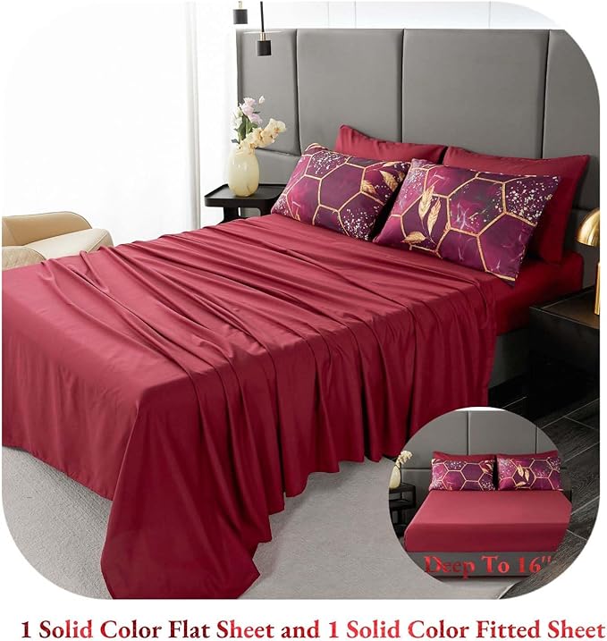 ANGIYUIN 7Pcs Burgundy and Gold Bed-in-A-Bag Honeycomb Hexagon Full Comforter Sets, 3D Geometric Watercolor Comforter Bedding Sets, Foil Print Bed Sets with Sheets for All Season (Burgundy, Full)