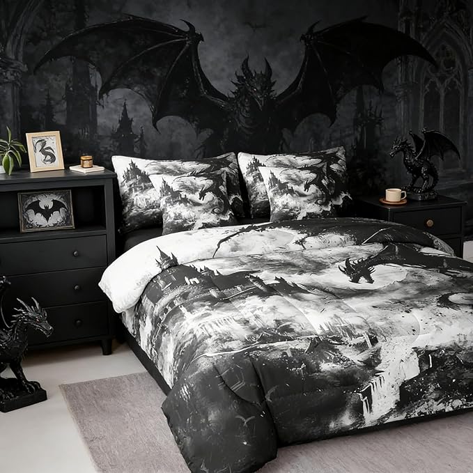 Erosebridal Gothic Dragon Comforter Set 7 Piece Bed in a Bag Twin,Black and White Vintage Fantasy Castle Bedding Sets Dark Sky Mythical Animal Sheet Set with Comforter