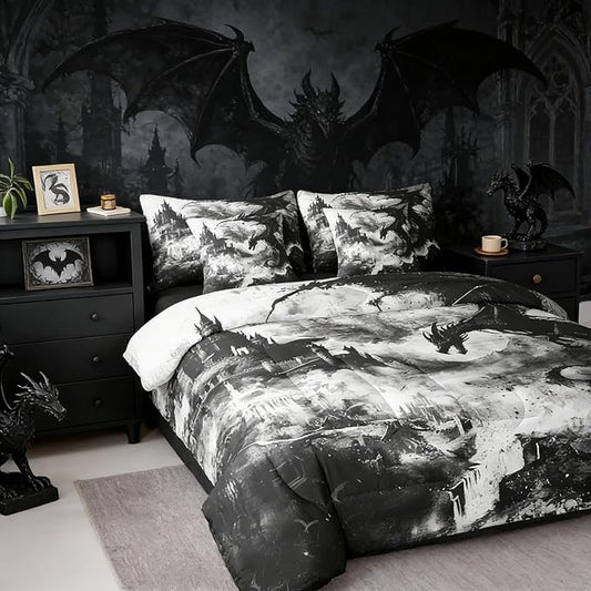 Erosebridal Gothic Dragon 7 Piece Comforter Set Full Bed in a Bag,Black and White Vintage Fantasy Castle Bedding Sets Dark Sky Mythical Animal Sheet Set with Comforter