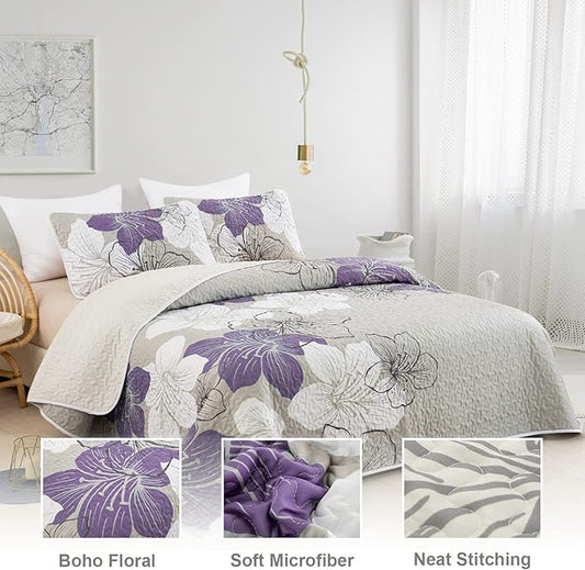 DJY 3 Pieces Quilt Set Queen Purple Floral Pattern Quilt Coverlet Set Elegant Boho Lily Bedspread with 2 Pillow Shams Breathable Microfiber Bedding Quilt Set All Season (Purple, 90"x96")