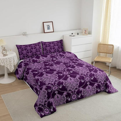 Feelyou Adults Purple Vintage Damask Floral Comforter Set Antique Drawing Classical Paisley Comforter Queen Size Gothic Bohemia Boho Floral Bedding Set Hotel Style Duvet Set Quilt Set 3Pcs