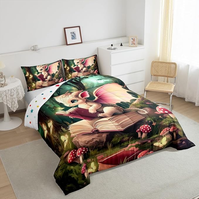 Magical Dragon Wildlife Comforter Set Twin Size Childlike Fairy Tale Bedding Set Kids Bedroom Decor Cute Jungle Mushroom All Season Quilt Set Sparkling Butterfly Bedding Comforter Sets,2Pcs