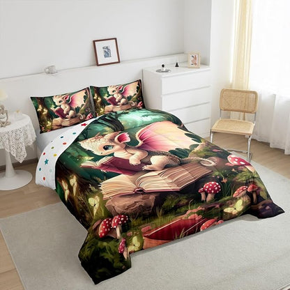 Magical Dragon Wildlife Comforter Set Queen Size Childlike Fairy Tale Bedding Set Kids Bedroom Decor Cute Jungle Mushroom All Season Quilt Set Sparkling Butterfly Bedding Comforter Sets,3Pcs