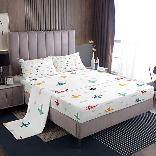 Kids Aircraft Bed Sheets Set Watercolor Transportation Vehicles Fitted Sheet Boys Airplanes Bedding Set Bedroom Decor Colorful Helicopter Sheet (King Flat Sheet & Fitted Sheet with 2 Pillow Case)