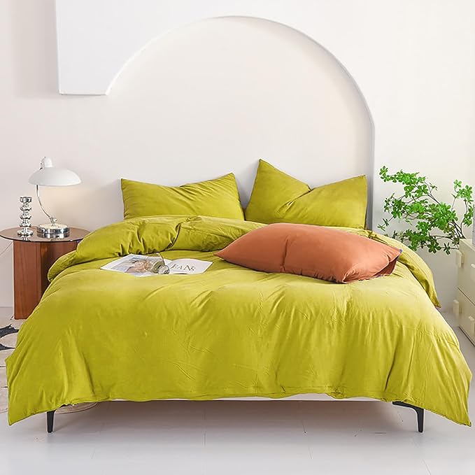 Luxlovery Chartreuse Comforter Set Queen Moss Green Bedding Set Modern Solid Soft Breathable Yellowish-Green Blanket Quilts 3 Piece Bedding Set for Women Men Kids