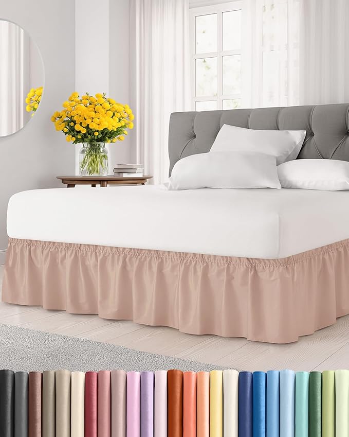 Wrap Around Dust Ruffle Bed Skirt - Mauve - for Full Size Beds w/ 15 Inch Drop - Easy Fit Elastic Strap - Adjustable Pleated Bedskirt w/Brushed Fabric - Wrinkle Free - for Women, Men, Kids & Teens