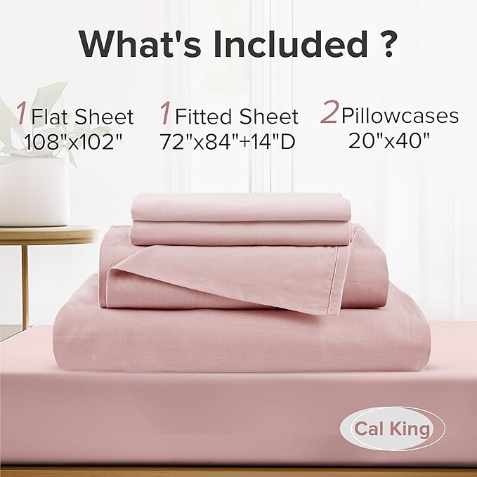 Comfort Spaces 100% Cotton Sheets Cal King, Breathable & Soft Cotton Sheets, Naturally Cool Cotton Bed Sheets with 14" Elastic Pocket Fits up to 16" Mattress, All Seasons Sheet Set, Pink 4 Piece
