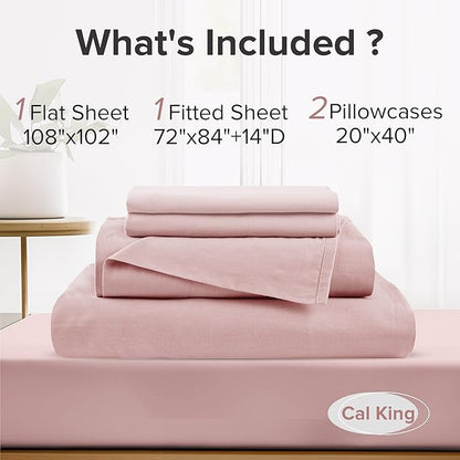 Comfort Spaces 100% Cotton Sheets Cal King, Breathable & Soft Cotton Sheets, Naturally Cool Cotton Bed Sheets with 14" Elastic Pocket Fits up to 16" Mattress, All Seasons Sheet Set, Pink 4 Piece