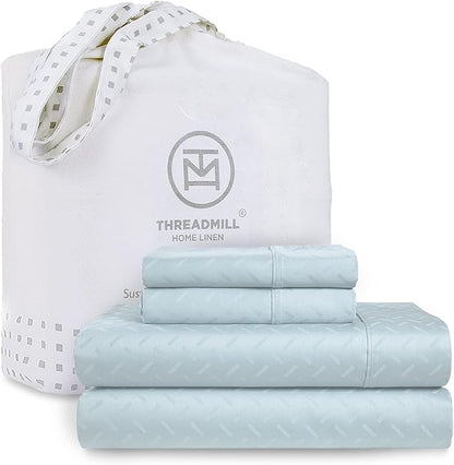 Threadmill Cotton Queen Sheet Set - 100% Cotton Damask Jacquard Sheets With 16" Deep Pocket - Soft Sateen Weave 4-Piece Cooling Bedding for Queen Size Bed - Blue