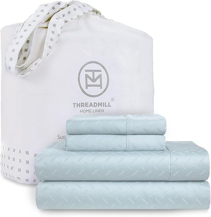 Threadmill Cotton Full Size Sheet Set | 100% Cotton Sheets for Full Size Bed | Damask Jacquard Full Bed Sheets Set with 16” Deep Pocket | Soft Sateen Weave 4-Piece Cooling Bedding Set | Blue