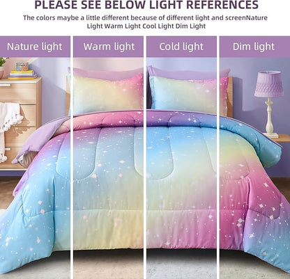 Drucon Rainbow Comforter Set Queen Size for Teen Girl &Boys,7 Pieces Bed in A Bag Blue Blush Rainbow Bedding Set Queen Size(1 Comforter, 1 Flat Sheet, 1 Fitted Sheet, 2 Pillow sham, 2 Pillowcases)
