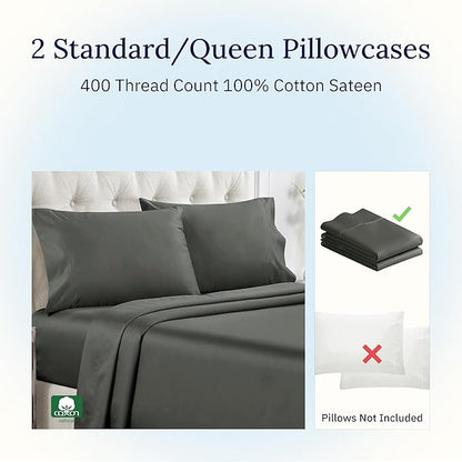 California Design Den Standard Queen Size Pillowcase Set - 400 Thread Count, 100% Cotton Sateen, Set of 2 Pillow Covers, Soft and Breathable - Grey Size