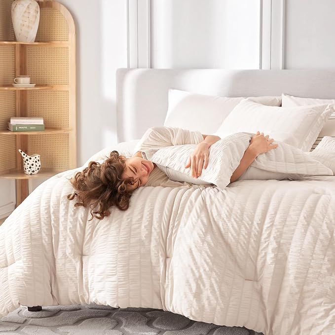 MUXHOMO 7 Pieces California King Comforter Set, Seersucker Bed in a Bag Cal King Size, All Season Luxury Bedding Set with Comforter, Flat Sheet, Fitted Sheet, Pillowcases & Shams, Beige