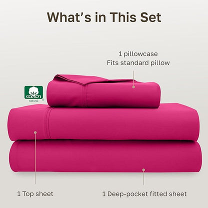 California Design Den Twin Sheet Set - 400 Thread Count Sateen, Natural 100% Cotton Sheets, Deep Pockets with All Around Elastic, Soft and Durable Bedding - Hot Pink