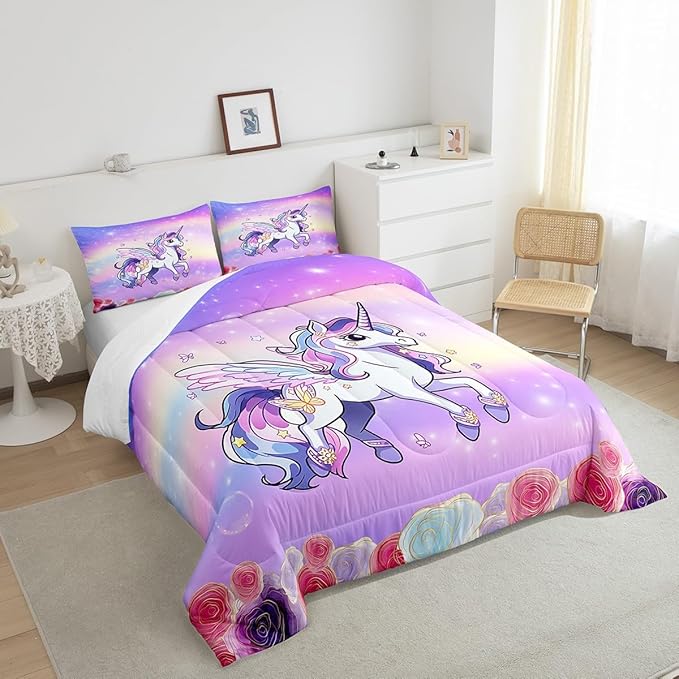 Kids Girls Unicorn Boys Girls Comforter Set Full Size,Pink Purple Rainbow Duvet Sets Teens Bedroom Decor,Cartoon Unicorn Rose Flowers Brushed Microfiber Soft Bedding Comforter