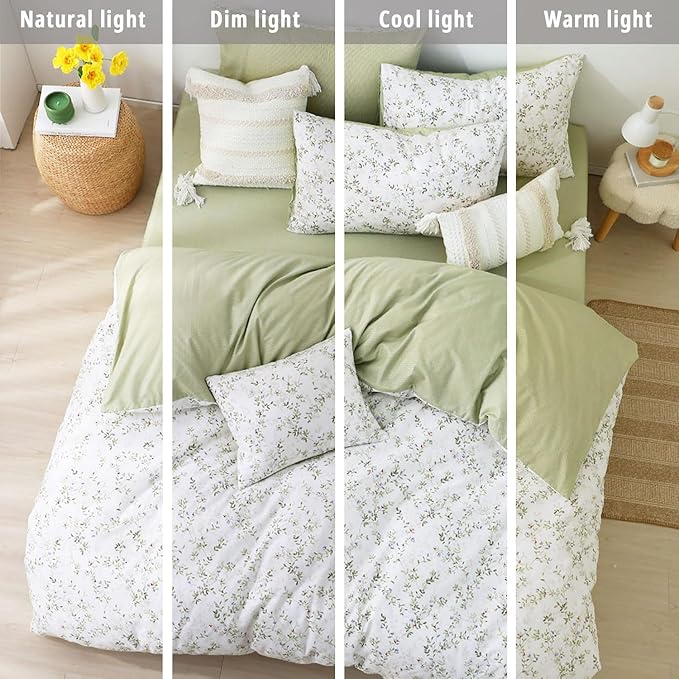 Botanical Cotton Comforter King Size - Tender Green Comforter Printed with Leafy Branches & Purple Stamens on Off-White,Reversible Lightweight Bedding Sets 3Pcs