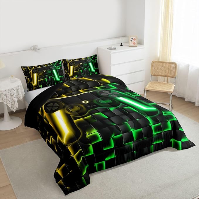 Erosebridal Gaming King Bedding Sets for Kids Boys Gamer Comforter Set 3D Neon Lights Ombre Geometric Checkered Gamepad Quilt Comforter Lightweight Gamer Bed Duvet Set for All Season,Green Gold