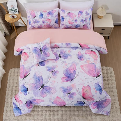 A Nice Night 6pcs Queen Bed in A Bag Watercolor Ink Wash Tie-Dye Butterfly Printed, Butterflies Flying Bedding Comforter Set, Purple