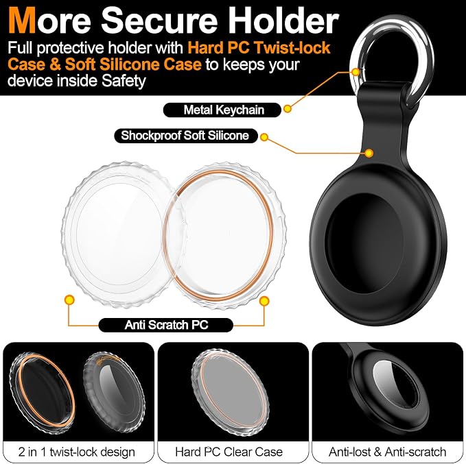 1|2|4Pack for Apple AirTag Holder with Keychain for Air Tag 2nd/1st Gen | Waterproof Air Tag Cover GPS Tracker Anti-Scratch Silicone Air-Tag Case for Pets,Kids,Bags,Luggages-Black
