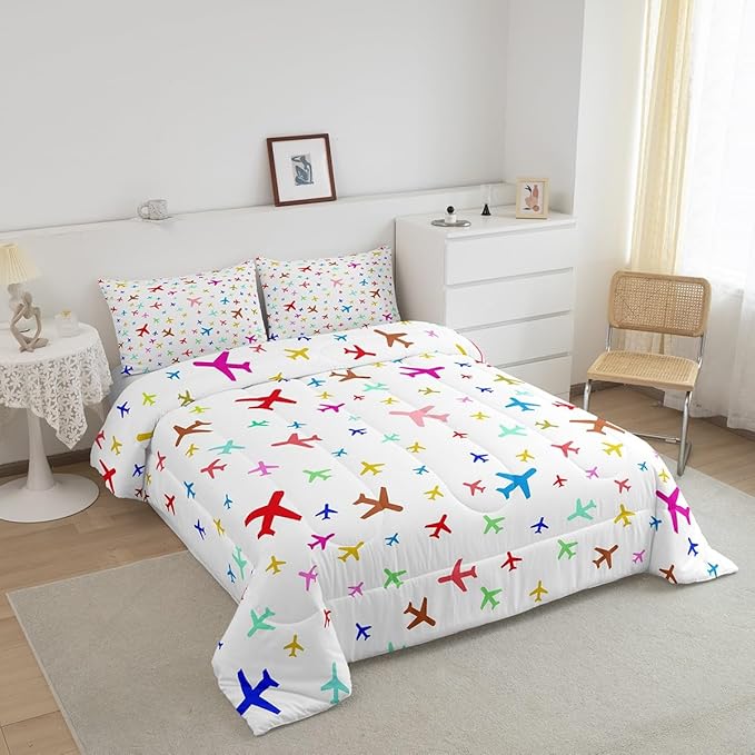 Castle Fairy Kids Aircraft Bedding Set for Boys Girls,Watercolor Transportation Vehicles All Season Cozy Comforter Set Full Size,Boys Airplanes Colorful Duvet Set Bedroom Décor,Gift for Kids