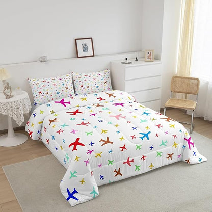 Castle Fairy Kids Aircraft Comforter Set King,Watercolor Transportation Vehicles Bedding Set for Boys Girls Teens Bedroom Decor,Boys Airplanes Colorful Quilt Set Super Soft Duvet Set,Gift for Her Him