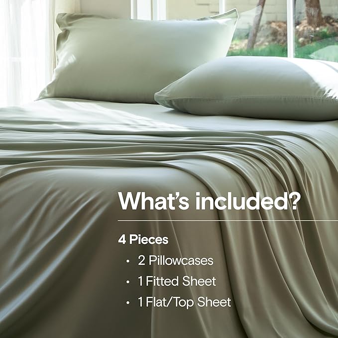 DOZ Sheet Set, 100% Viscose derived from Bamboo, Organically Grown, Buttery Soft, Cooling Sheets, High GSM, Deep Pockets - 4 Piece - 2 Pillowcases 1 Fitted 1 Top Sheet (Sage, Cal King)