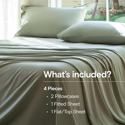 DOZ Sheet Set, 100% Viscose derived from Bamboo, Organically Grown, Buttery Soft, Cooling Sheets, High GSM, Deep Pockets - 4 Piece - 2 Pillowcases 1 Fitted 1 Top Sheet (Sage, Cal King)
