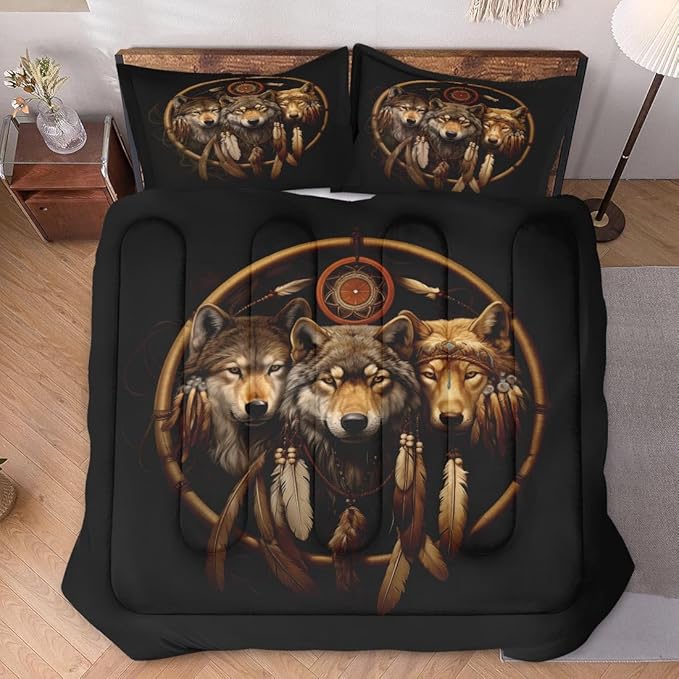 Full Size Comforter Set with 2 Pillowcases, Black Tribal Three Wolf 3 Pcs Bedding for Kids and Adults, American Boho Feather Dreamcatcher Soft Comforter Set for Bedroom Bed Decor