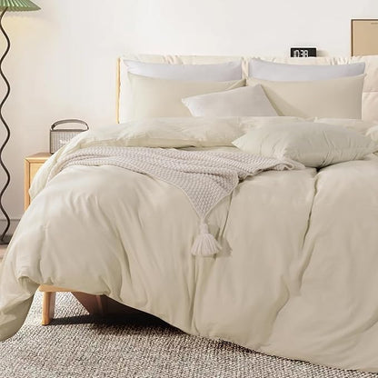 NEXHOME PRO Duvet Cover Set Oversized Queen 98"x98" Linen Feel Textured Cream Grey Organic Natural 100% Washed Cotton Duvet Cover 3 Pieces Bedding Set Zipper Closure, Breathable (No Comforter)
