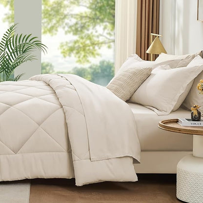 FUANNA 7 Pieces King Size Comforter Set, All Season Bed in a Bag King Size, Luxury Soft Bedding Sets with Comforter, Flat Sheet, Fitted Sheet, Pillowcases & Pillow Shams, Beige