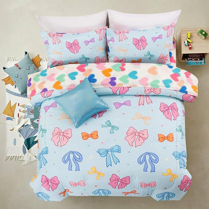 A Nice Night Full Size Bed in A Bag Bow Comforter Set for Kids,Quilt Bedding Set with Bowknot & Chic Polka Dot Pattern,Blue Background Room Decor for Girls