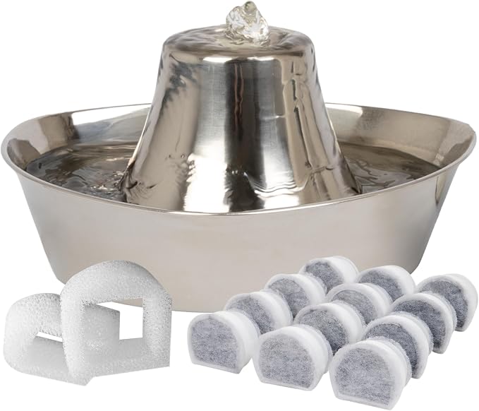 Seaside Stainless Pet Fountain with Extra 12-Pack of Carbon Filters and | 60 Oz Capacity, 360-Degree Flow, Triple-Filter with 2.5x More Activated Carbon, Scratch/Rust-Resistant Stainless Steel