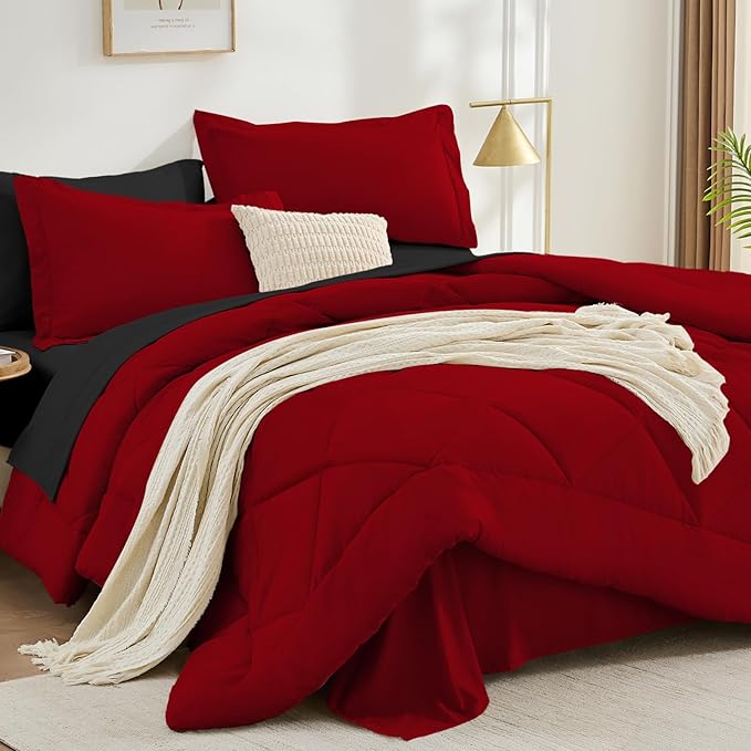 FUANNA 7 Pieces Full Size Comforter Sets, All Season Bedding Sets Full Size, Luxury Soft Bed in a Bag with Comforter, Flat Sheet, Fitted Sheet, Pillowcases & Pillow Shams, Red & Black