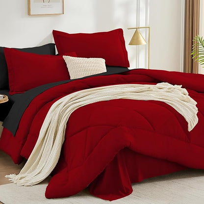 FUANNA 7 Pieces Full Size Comforter Sets, All Season Bedding Sets Full Size, Luxury Soft Bed in a Bag with Comforter, Flat Sheet, Fitted Sheet, Pillowcases & Pillow Shams, Red & Black