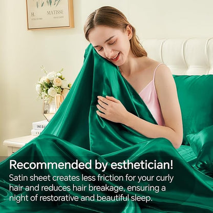 BEDELITE Satin Sheets Twin Size Bed Set, Luxury Soft Dark Green Silky Sheets for Hair and Skin, Similar to Silk Bed Sheets Set 3 Pieces with 1 Deep Pocket Fitted Sheet, 1 Flat Sheet, and 1 Pillowcase