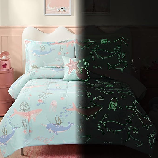 Full Size Comforter Set for Girls-4 Pieces Ocean Animals Glow in the Dark Full Bedding Sets for Kids, 1 Comforter, 2 Shams and 1 Decor Pillow