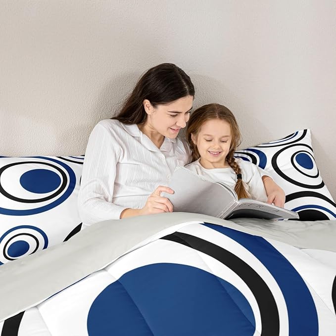 Erosebridal White Blue Black Striped Twin Bedding Sets for Adult Women Men Modern Circle Abstract Comforter Set Contemporary Graffiti Lines Quilt Duvet Set Minimalists Aesthetic Boho Bed Collections