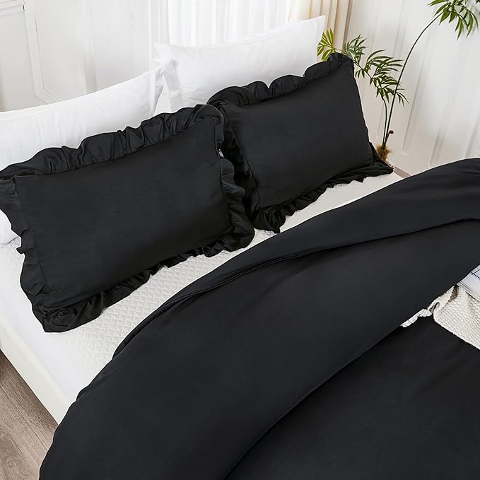 Litanika Black Queen Comforter Set, 3 Pieces Ruffle Farmhouse Aesthetic Bedding Comforter Set, All Season Soft Lightweight Fluffy Microfiber Bed Set(90x90In Comforter, 2 Pillowcases)