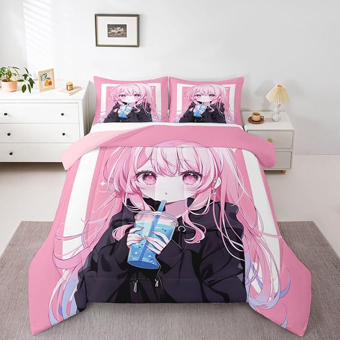 Erosebridal 3D Japanese Kids Comforter Set | Anime Girl Drinking Milk Tea Bedding Full Size Cute Kawaii Girly Down Comforter Modern Fashion Aesthetic Duvet Set for Bedroom