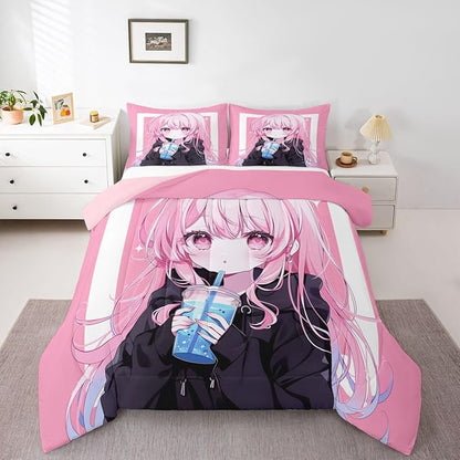 Erosebridal 3D Japanese Kids Comforter Set | Anime Girl Drinking Milk Tea Bedding Full Size Cute Kawaii Girly Down Comforter Modern Fashion Aesthetic Duvet Set for Bedroom