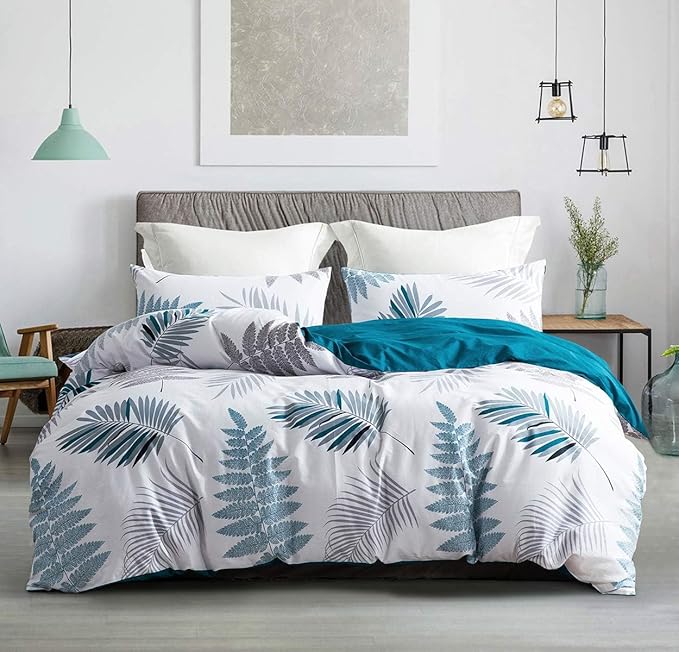 Duvet Cover Set, 600 Thread Count Cotton White Leaf Floral Pattern Print Reversible Comforter Cover Set (King, Peacock Blue-Leaf)