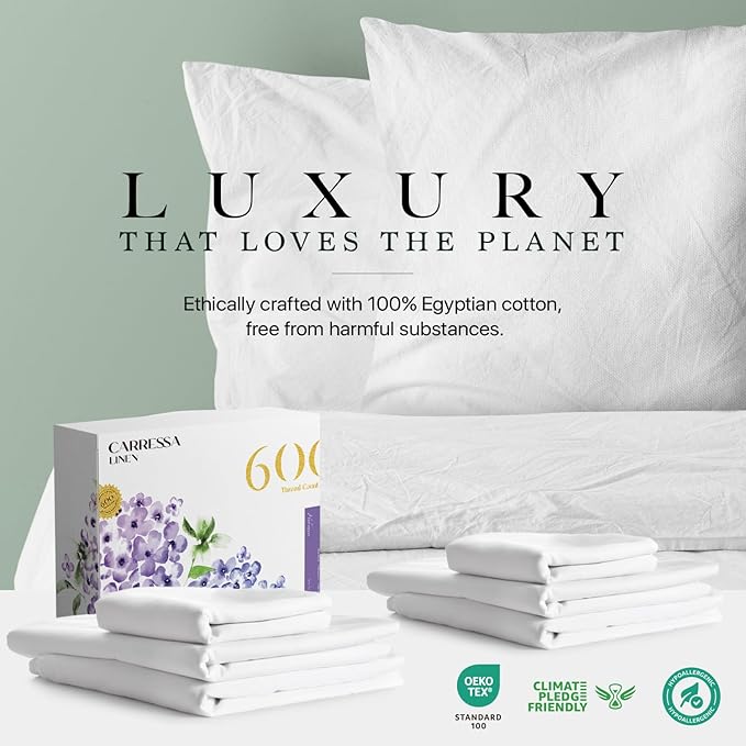 Carressa Linen 100% Egyptian Cotton King Size Sheets Set - 600 Thread Count Egyptian Cotton Queen Sheets King Size (8 PC, Crisp White), Soft, Cooling, 16" Deep Pocket Sateen Weave Luxury Bed Sheet