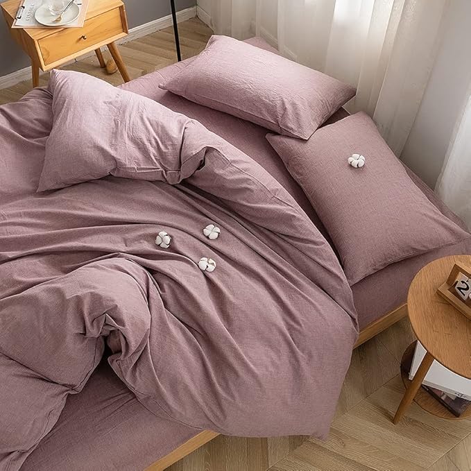 FACE TWO FACE Bedding Duvet Cover Set 3 Pieces 100% Washed Cotton Duvet Cover Linen Like Textured Breathable Durable Soft Comfy (King, Purple Bean Paste)