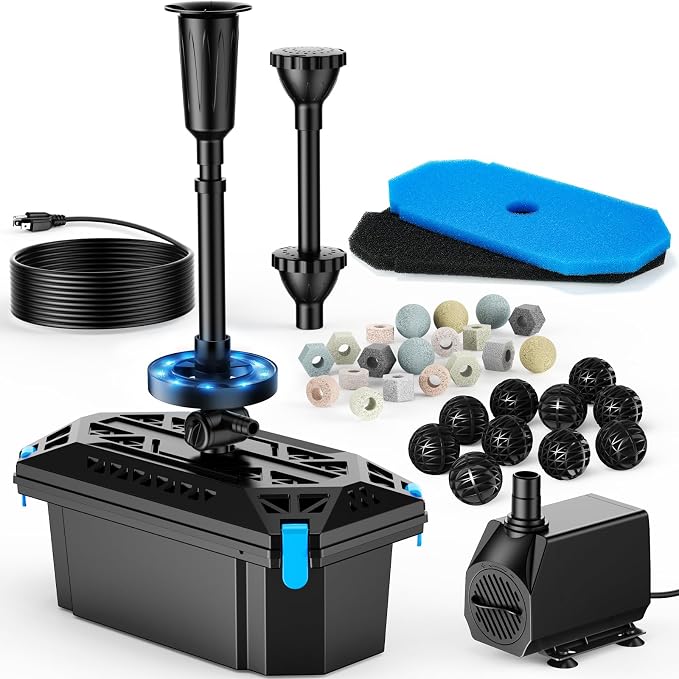 RGB Pond Filter with Pump Fountain Kits, 660GPH Pond Filter Box With 40W Pond Pump & RGB Auto-Cycle LED Lights, Koi Pond Filters for Outdoor Ponds Clean, Clear, and Add Water Features