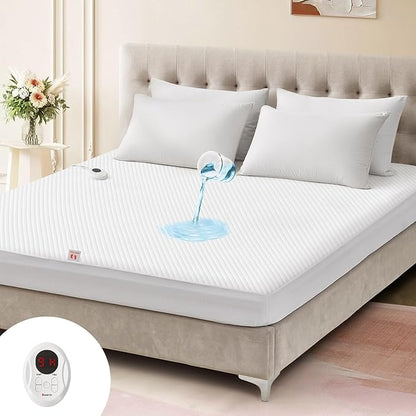 Bwarm Waterproof Heated Mattress Pad, ETL Certified Bed Warmer with Memory Function 9 Heat Settings, 1-12 Hours Auto Off Deep Pocket, Machine Washable, White Full