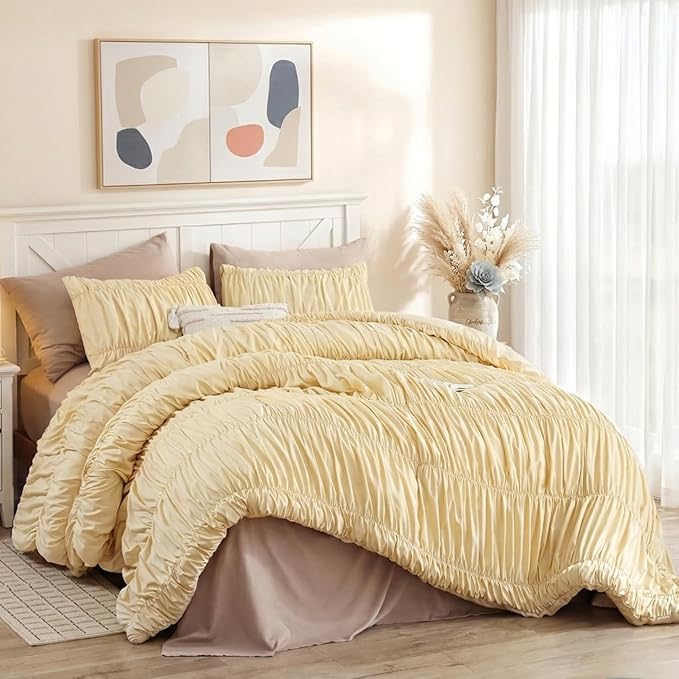 weigelia Cinched Comforter Set Queen – Soft Ruched Bedding Set, 3PCS Light Yellow All-Season Fluffy Lightweight Comforter with Pillowcases for Bedroom, Apartment & Dorm Decor