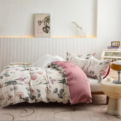 OAITE Duvet Cover Set King Size Floral Pattern 600 Thread Count Ultra Soft 100% Long Staple Cotton Duvet Cover Sets 3-PC, Breathable Duvet Cover with Zipper Closure & Corner Ties