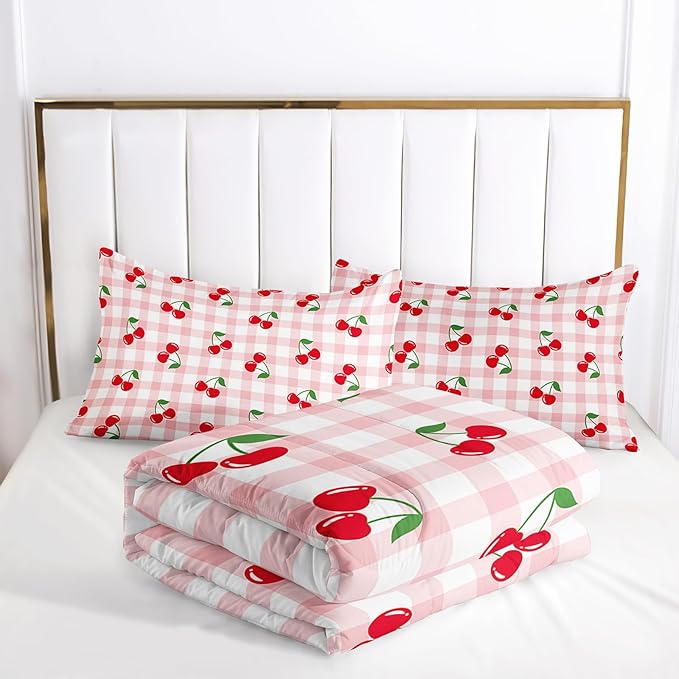 Red Cherry Gingham Bedding Queen Size,Cute Cherry Fruit Comforter Set for Kids Girls Women,3Pcs Pink Grid with Summer Fruit Bedding for Girls,Kawaii Plaid Quilt 1 Comforter 2 Pillowcases