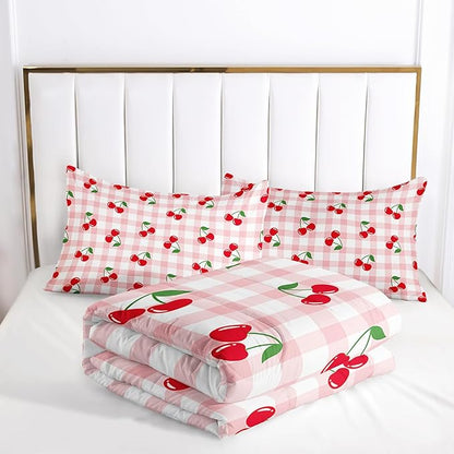 Red Cherry Gingham Bedding King Size,Cute Cherry Fruit Comforter Set for Kids Girls Women,3Pcs Pink Grid with Summer Fruit Bedding for Girls,Kawaii Plaid Quilt 1 Comforter 2 Pillowcases